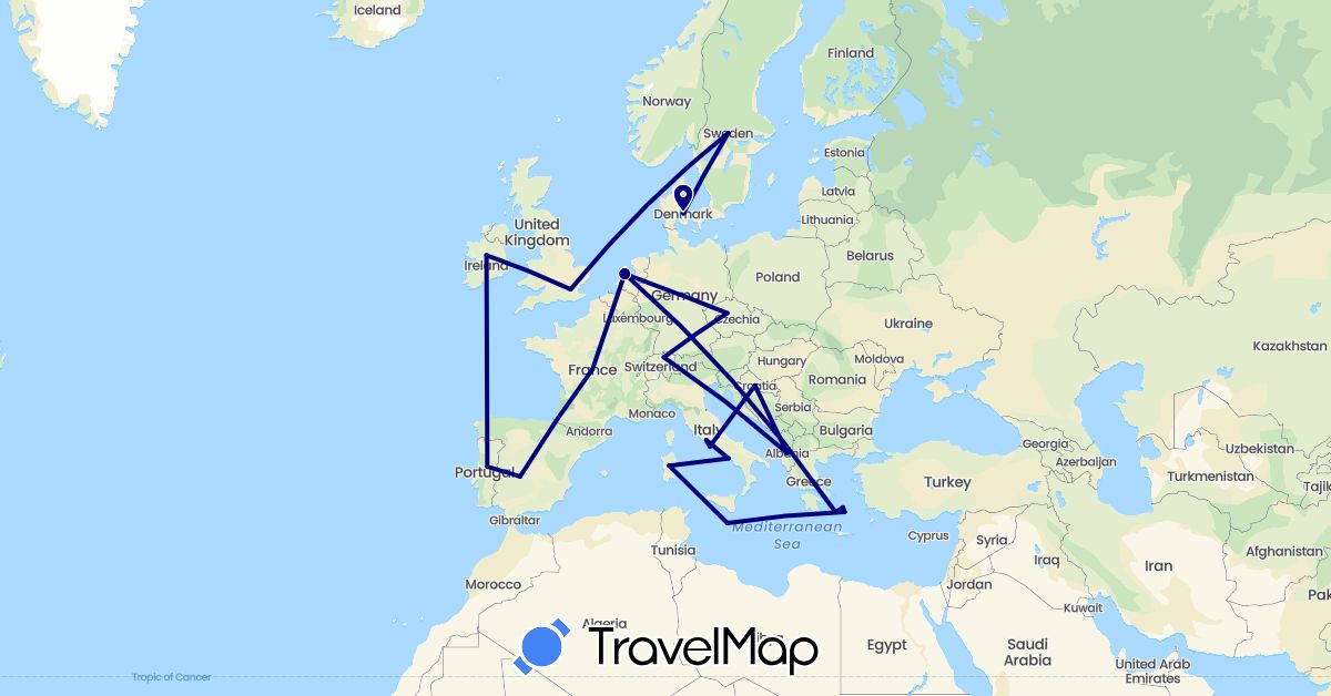 TravelMap itinerary: driving in Albania, Switzerland, Czech Republic, Germany, Denmark, Spain, France, United Kingdom, Greece, Croatia, Ireland, Italy, Malta, Netherlands, Portugal, Sweden (Europe)